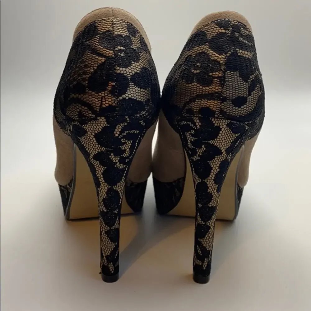 MyStock Faux Suede Platform Heels w Black Lace Detail Sz 7